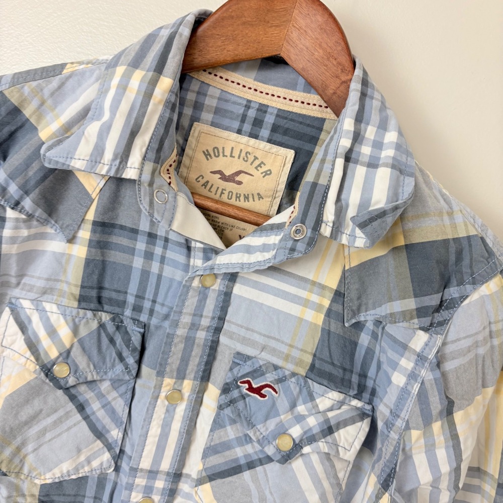 VTG Y2K Hollister Western Shirt Mens XS Blue Yellow Plaid Pearl Snap Cotton